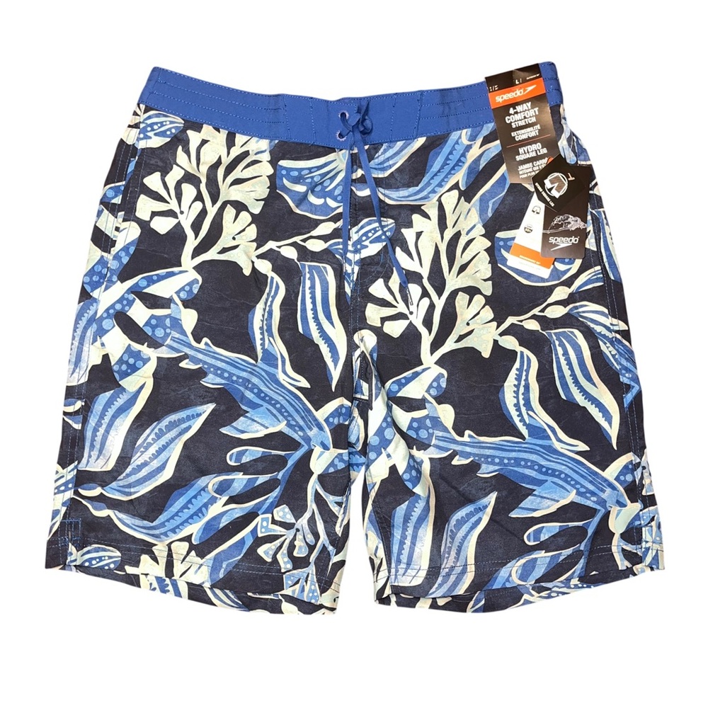 Speedo Hydro Square Leg Swim Trunks Blue Lined NWT Large Reef Board Shorts